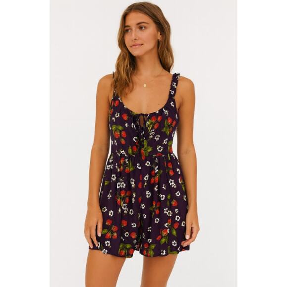 Urban Outfitters Tate Tie Front Strawberry Floral Print Romper - Picture 1 of 10
